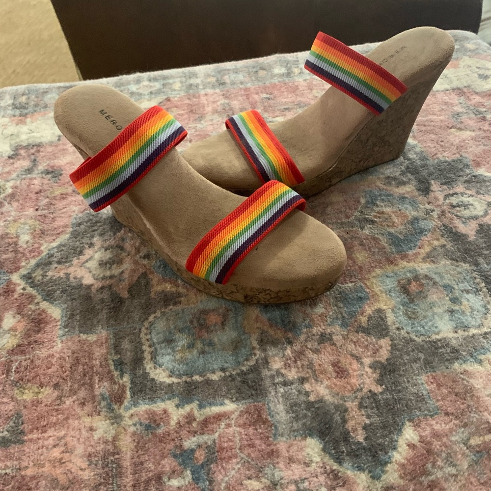 Cork heel rainbow wedges. Lots of wear.